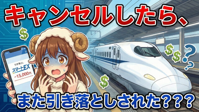 「キャンセルしたら、また引き落としされた？？」という文字と、スマートEXの残高マイナス画面を見て青ざめている羊の女の子（しーぷちゃん）。背景に新幹線。デビットカードで払い戻し後に再引き落としが発生するトラブルを解説したアイキャッチ画像。