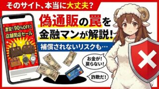 偽通販サイトの罠とブラックホールに吸い込まれるお金。注意喚起する金融機関職員のしーぷちゃん